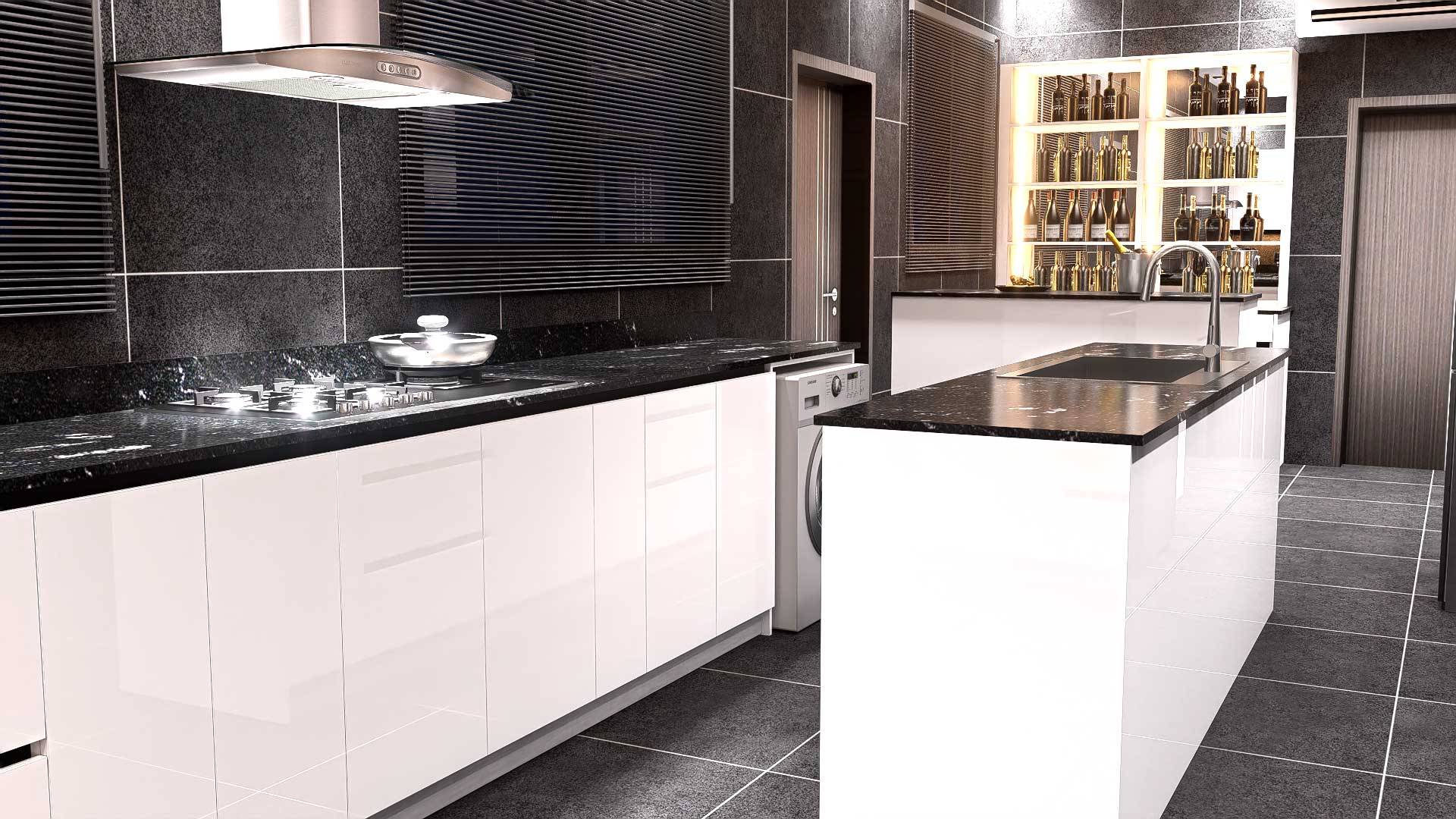 Contemporary kitchen with integrated appliances and wood accents