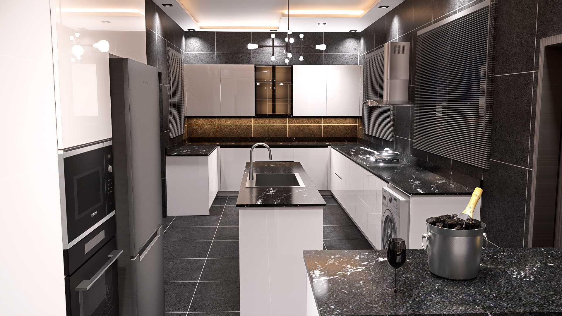 Modern kitchen with white cabinetry and marble countertops